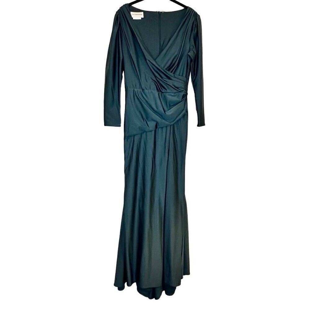 Cynthia & Sahar Long Sleeve Draped Wrap Stretch Satin Evening Dress Green Medium